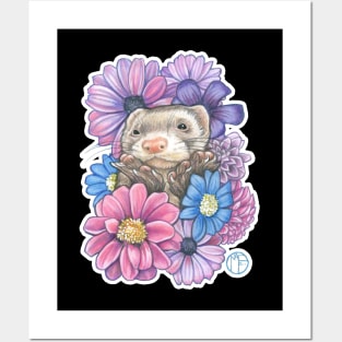 Ferrets And Flowers - White Outlined Version Posters and Art